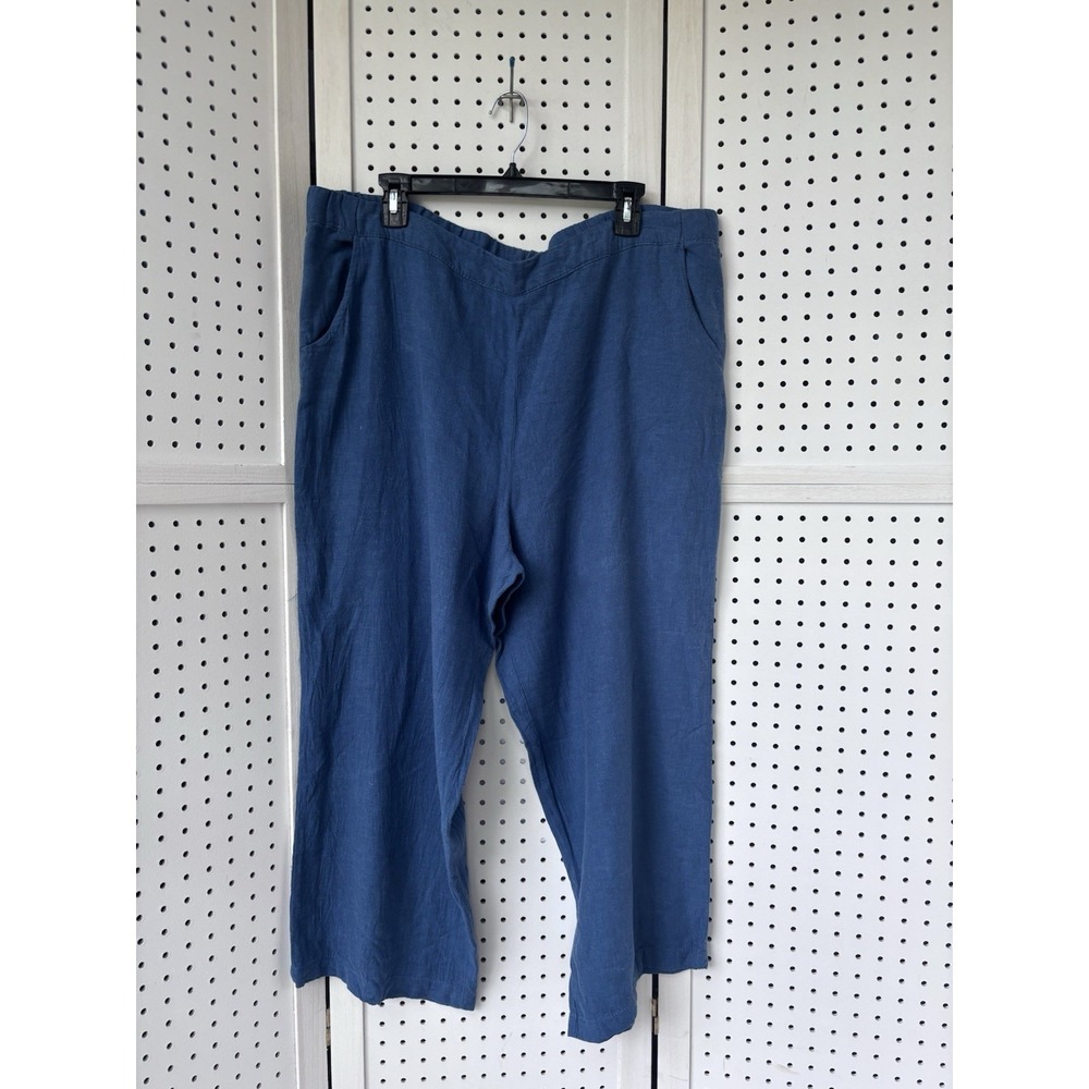 DIP Women's 16 Blue Ankle Crop Linen Blend Pull On Pants Pockets Wide Leg Casual